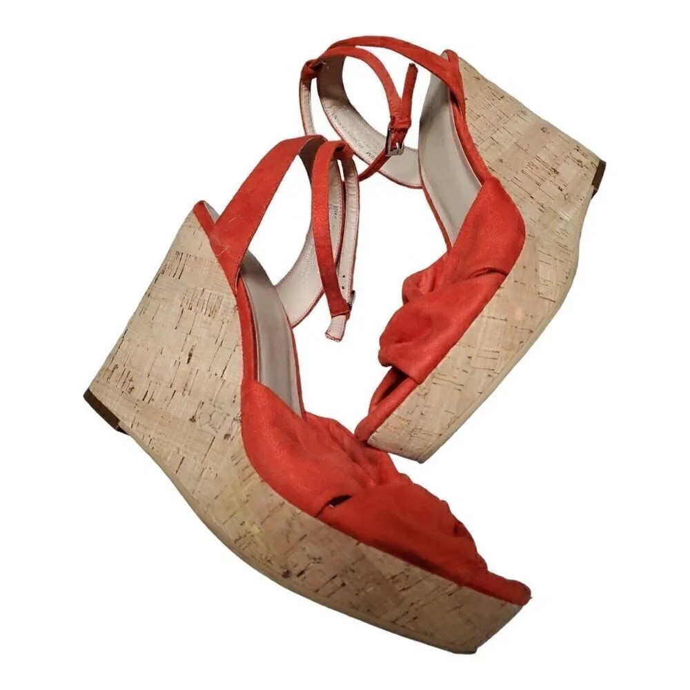 BP Women's Faux Suede Ankle Strap Orange Cork Wedge Heels Open Toe Shoes Sz 10M